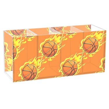 Imagem de Burbuja Bolas de basquete de desenho animado com chamas, suporte de caneta de acrílico, 4 compartimentos, suporte de lápis transparente para pincel de maquiagem estacionário, acessórios de mesa de