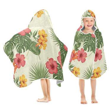Imagem de Burbuja Toalha de banho com capuz com folhas de flores tropicais para crianças, toalha de praia de pelúcia macia absorvente para meninas e meninos 3-10 anos, 61 x 127 cm