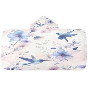Imagem de Burbuja Blue Flowers Toalha de banho com capuz beija-flores para crianças, toalha de praia de pelúcia macia absorvente para meninas e meninos 3-10 anos, 61 x 127 cm