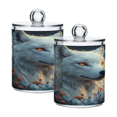 Imagem de STAYTOP 2 peças de lobo branco com olhos brilhantes dispensador de boticário frascos de boticário para banheiro com etiquetas - recipiente de armazenamento Qtip de plástico transparente acrílico para