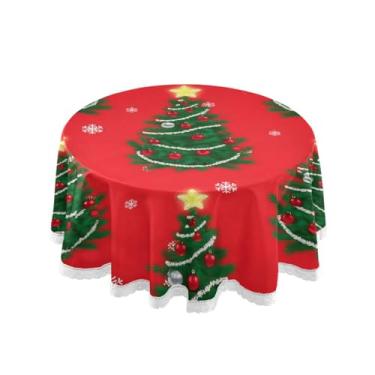 Imagem de Qilmy Linda toalha de mesa redonda de árvore de Natal 152 cm, resistente à água, à prova de derramamento, capa de mesa grande para jantar de reunião de família em ambientes internos e externos, festa