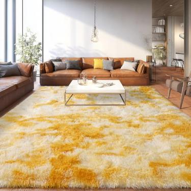 Imagem de Tapete de pelúcia extragrande de pelo alto para sala de estar, tapete felpudo antiderrapante grande, tapetes macios e macios para quarto, decoração de casa moderna, tie dye amarelo 2,7 x 3,7 m