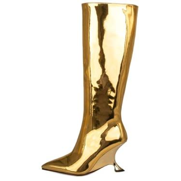 Imagem de Kluolandi Botas metálicas femininas na altura do joelho, salto plataforma escultural, com zíper e bico fino, sapatos de festa modernos, Dourado, 38