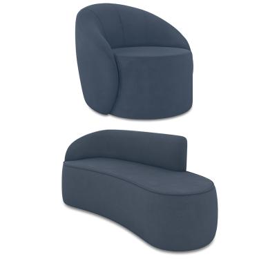 Imagem de Sofá 3 Lugares Orgânico 180cm Morgan e Poltrona Lua Suede Azul M D03 - D'Rossi