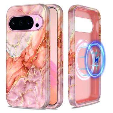Imagem de Casetego Capa para Google Pixel 9 Pro XL, compatível com MagSafe,[Teste de queda de grau militar] Capa fina à prova de choque robusta mármore feminina para meninas para Google Pixel 9 Pro XL, dourada