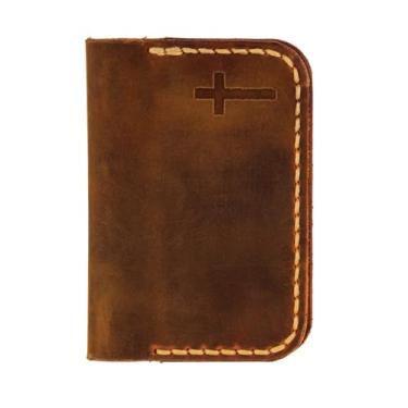 Imagem de Carteira cristã de couro genuíno feita à mão com design de cruz estampada – Carteiras cristãs minimalistas para homens — Carteira masculina fina com bolso frontal com cruz gravada — Ideia de presente