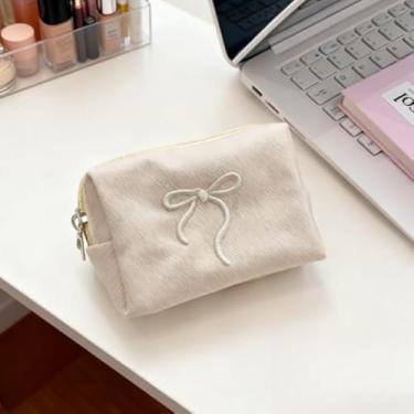 Imagem de Bolsa de maquiagem com laço de grande capacidade, organizador de cosméticos com compartimentos internos, bolsa de armazenamento portátil para maquiagem e cartões (bege)