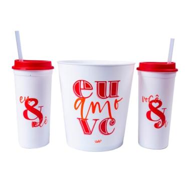 Imagem de Kit Pipoca Casal Premium "Eu Amo Você" - Balde Grande (2,5L) + 2 Copos com Canudo e Tampa - Presente Romântico para Filmes e Séries