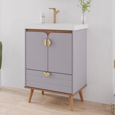 Imagem de Gabinete para Banheiro 60cm com 2 Portas 1 Gaveta e Cuba de Embutir Trancoso Platina