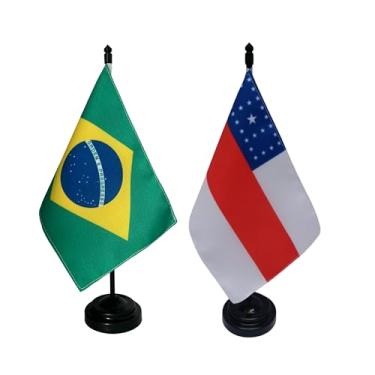 Imagem de Kit Bandeira de Mesa Brasil e Amazonas, Decorativa, Dupla Face, Multicolorido, 19x13cm, Base Preta, Escritório e Eventos, Oxford, 26cm Altura