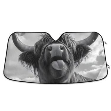 Imagem de Toldo engraçado de vaca Highland preto branco para para-brisa de carro persianas dobráveis personalizadas para janelas dianteiras retrátil automotivo L, 144,8 cm x 80 cm