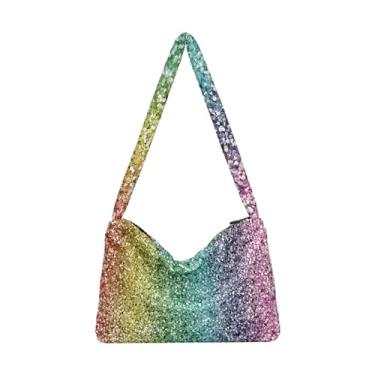 Imagem de Aquarela brilhante verão amarelo azul pelúcia axila, bolsa de ombro para mulheres, bolsas de outono, Glitter arco-íris, One Size