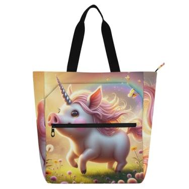 Imagem de GAIGEO Linda bolsa de trabalho de porco unicórnio para mulheres, lona, praia, escola, bolsa para professores, bolsa com compartimentos