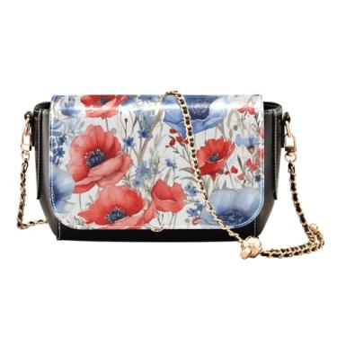 Imagem de GAIGEO Bolsa tiracolo de flor vintage com alça longa, bolsa de ombro de couro, bolsas transversais médias para mulheres, Vermelho azul branco aquarela estrelas americanas, One Size