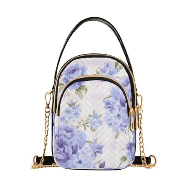 Imagem de Bolsa tiracolo feminina xadrez azul e branca com rosas azuis e brancas na moda, bolsa tiracolo feminina, Flor roxa e azul, One Size