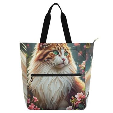 Imagem de GAIGEO Linda bolsa feminina floral de gato marrom bolsa de trabalho de lona para livro de praia com zíper bolsa mensageiro com compartimentos