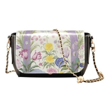 Imagem de Bolsa tiracolo feminina roxa e amarela floral em couro branco, bolsa feminina de couro, bolsa de ombro para mulheres, Floral com pássaros e flores - 3, One Size