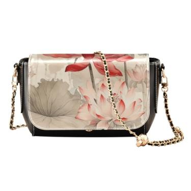 Imagem de GAIGEO Bolsa de ombro azul verde verde flor branca com zíper, bolsas de couro femininas transversais, bolsas de couro para mulheres, Vermelho bege tricolor premium cinza lótus floral, One Size