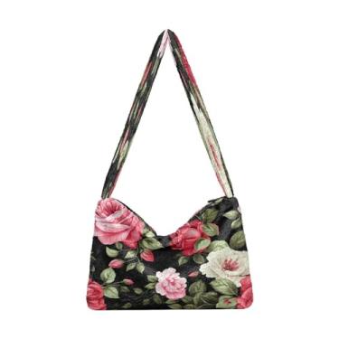 Imagem de Bolsa de ombro feminina preta com rosas e folhas florais, bolsa de ombro de tamanho médio, bolsas de outono, Floral vermelho e rosa - 6, One Size