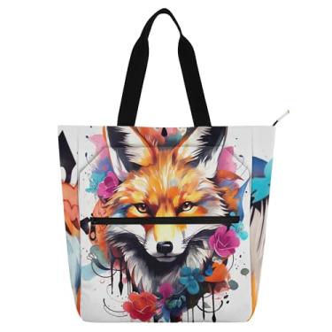 Imagem de Bolsas de trabalho com pintura floral raposa para mulheres, bolsa de lona para livros de praia com zíper, bolsas para professores, presentes para amantes de livros