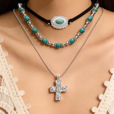 Imagem de Colar com pingente de imitação de turquesa, colar em camadas empilhadas, colar de pedra de cristal colorido para mulheres, Large, Metal metal Imitação de turquesa, imitação de cristal