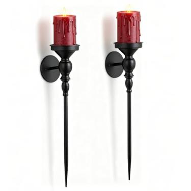 Imagem de Walasis Suporte De Vela Parede Preto - 24,4" Grande Decoração Gótica Metal Para Sala Estar, Conjunto 2 Arandelas Parede, Varanda, Corredor, Entrada, Ao Lado Da Tv