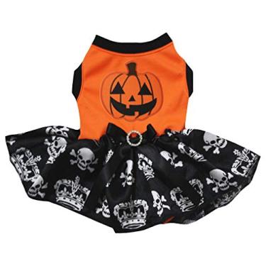 Imagem de Petitebella Lindo vestido de abóbora laranja coroa preta caveira tutu cachorro (3GG)