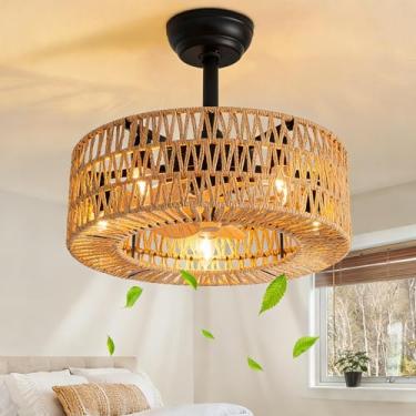 Imagem de APBEAMLighting Ventilador de teto com gaiola Boho com luz, lustre de vime de 45 cm, ventilador de baixo perfil de fazenda para quarto, cozinha, sala de estar, quarto de crianças