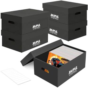 Imagem de Pacote com 5 caixas de armazenamento de quadrinhos 40 cm x 18 cm x 27 cm, caixa de quadrinhos de papelão grossa com tampas, comporta 150 a 175 quadrinhos, caixa organizadora empilhável para colecionar