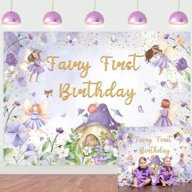 Imagem de XCKALI Pano de fundo de fada para primeiro aniversário roxo floral para meninas 1ª fotografia tema conto roxo decorações de festa de aniversário (2,4 x 1,8 m)