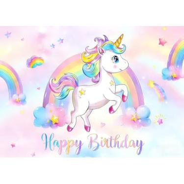 Imagem de DePhoto Faixa de aniversário de unicórnio de 1,8 x 1,8 m para decoração de festa de unicórnio e arco-íris pastel para meninas, decoração de festa de aniversário, adereços de cabine de fotos