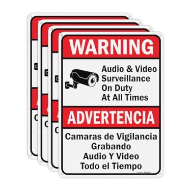 Imagem de GicnKeuz Placas de vigilância de áudio e vídeo em serviço em todos os momentos, placa de aviso de segurança de 25,4 x 17,8 cm, alumínio refletivo, impermeável e resistente ao desbotamento, 4 furos