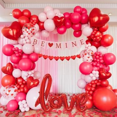 Imagem de CboDeco Kit de arco de balão de dia dos namorados, guirlanda de balões rosa choque vermelho com balões de coração, pétalas de rosa, faixa e guirlanda, balões de dia dos namorados para decorações de