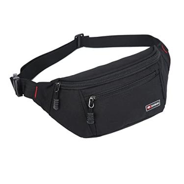 Imagem de Bolsa de cintura universal para homens e mulheres, resistente à água, cinto ajustável, vários bolsos para viagens, corrida, trilhas, esportes (preto)