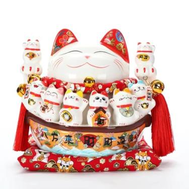 Imagem de FENNYYAR Estátua de cerâmica japonesa branca Maneki Neko, 24 cm 9,4 polegadas, estátua de decoração de casa de gato da sorte