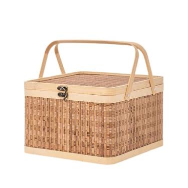 Imagem de WeiLaiKeQi Cesta de bambu trançado para, organizador, porta-ovos com tampa e alça para bolo, pão e bolo da lua, Quadrado