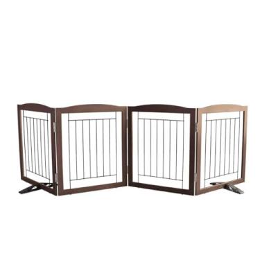 Imagem de SFJC Cerca para cães, portão interno para portão de entrada para animais de estimação, 4 painéis, corredores, casa ou escadas, 203 x 81 cm, retrátil e expansível de madeira (marrom)