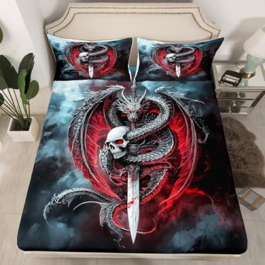 Imagem de Jogo de lençol Queen com estampa de cobra preta, esqueleto de espada, 3 peças, para decoração de quarto de crianças, meninas, adolescentes, estilo gótico, animais ocidentais, lençol com bolso profundo