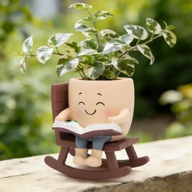 Imagem de Toparad Smily Face Cadeira de balanço para leitura de livros com orifício de drenagem, linda cabeça de flor de resina, plantadores de suculentas para plantas de interior, ideia de presente para mãe