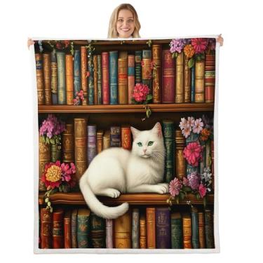 Imagem de Estante floral infantil, cobertor kawaii, gato, animal de estimação, rústico, para meninos e meninas, cobertor de lã com tema de livros de leitura, cobertor felpudo branco marrom, tamanho solteiro