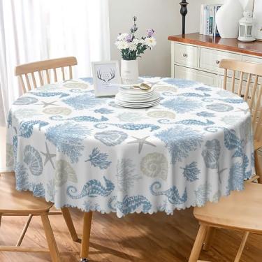 Imagem de Laeacco Toalha de mesa redonda náutica costeira de 152 cm azul coral cavalo marinho concha do mar toalha de mesa lavável à prova d'água sem vincos para cozinha, jantar, piquenique, decoração de festa