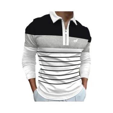 Imagem de Camisa Polo Masculina De Manga Longa Com Zíper E Listras, Secagem Rápi