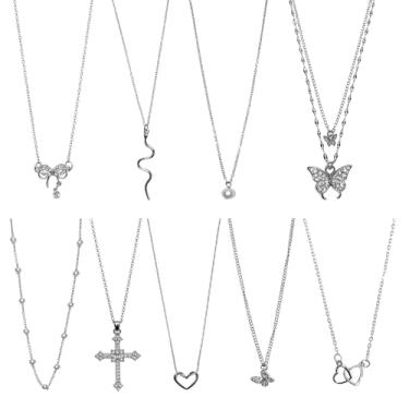 Imagem de Conjunto de 9 colares Y2K para mulheres, joias góticas grunge com cruz gótica, anjo de fada, asas de coração, borboleta, pingente de strass rosa e gargantilha, presentes premium para amigos e