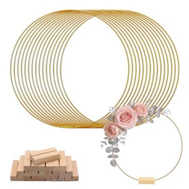 Imagem de 15 peças de centro de argola floral com suporte, guirlanda de argola floral grande de metal de 30,5 cm, macramê, anéis de argola de ouro, coroa de argola floral, círculo, decoração de casamento, anel