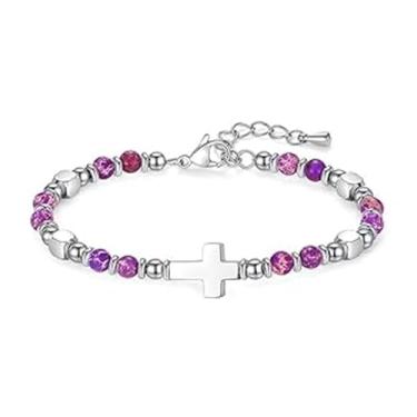 Imagem de VLSQHNCF Pulseiras femininas com contas Faith Cross, presentes inspiradores religiosos, pedras naturais e elásticas, One Size, conforme descrito, conforme descrito