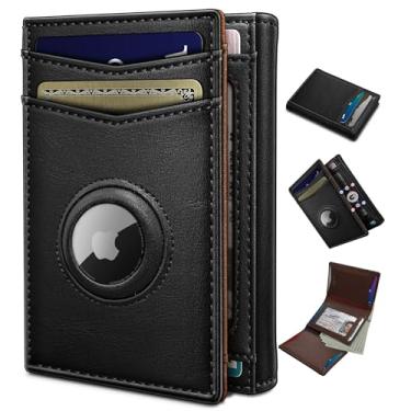 Imagem de miyozi Carteira masculina AirTag, com bolso para dinheiro, 2 janelas para identidade, 14 a 16 cartões, fecho magnético, carteira de couro fina com três dobras, 10 cm x 7,9 cm, bolso frontal com