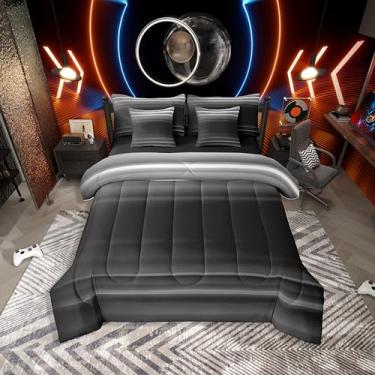 Imagem de Erosebridal Conjunto de cama de 7 peças ombré, moderno, solteiro, com lençóis, estampa 3D, arte abstrata, preto e cinza