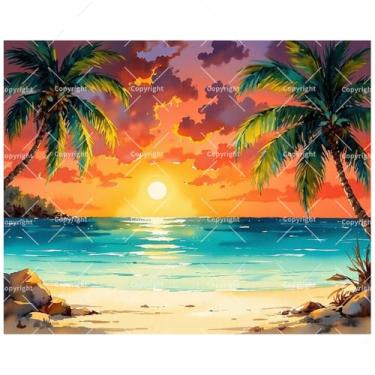 Imagem de Kit de pintura de paisagem tropical por números para adultos - DIY Sunset Beach com palmeiras e céu colorido sobre tela, conjunto de tinta acrílica para iniciantes, arte de parede ou presentes