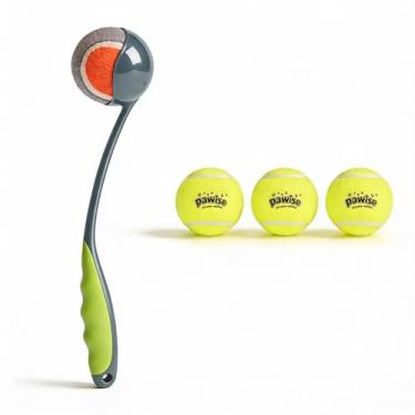 Imagem de PAWISE Lançador de bola para cães pequenos e médios, inclui lançador de 31 cm e bola de tênis Squeaker de 5,8 cm, pacote com 3, brinquedo interativo para brincar em ambientes internos e externos