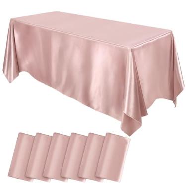 Imagem de MCEAST Pacote com 6 toalhas de mesa de cetim, 250 x 137 cm, retangular, sobreposição, toalha de mesa de seda brilhante, decoração de mesa de tecido liso para decoração de banquete de casamento (ouro